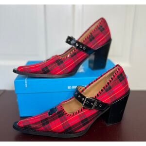 John Fluevog Red Plaid Willow Western Punk T-Strap Pump, size 8.5